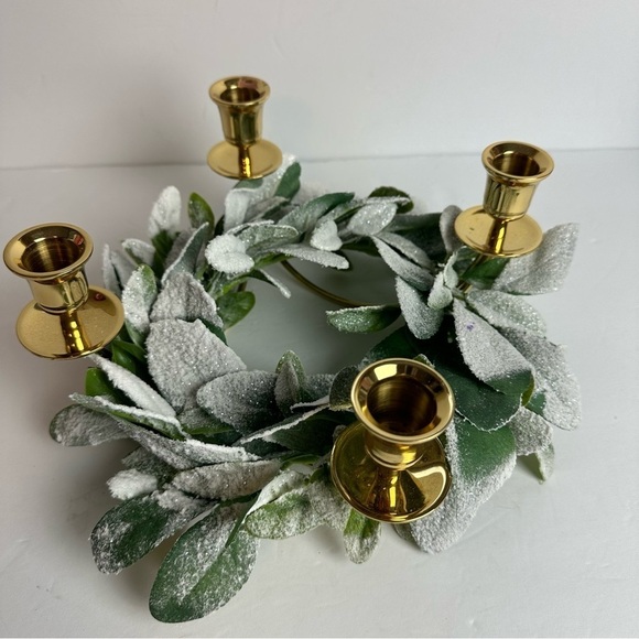 Brass Candle Ring 4 Candle Ring with iced floral lambs ear wreath advent - Picture 1 of 9
